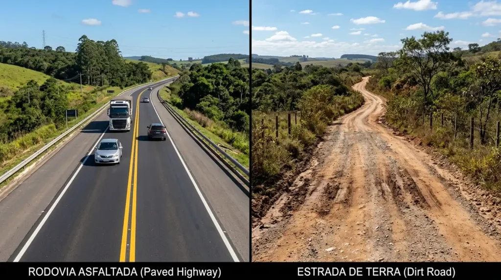 Comparação lado a lado de uma rodovia asfaltada e uma estrada de terra