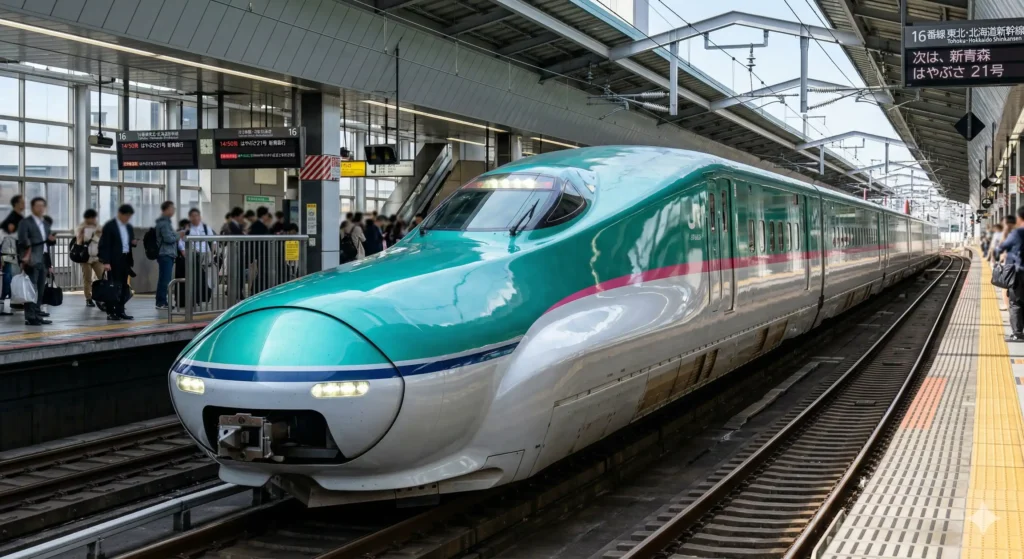 Frente de um trem-bala japonês da série E5 Shinkansen mostrando o longo bico aerodinâmico verde metálico