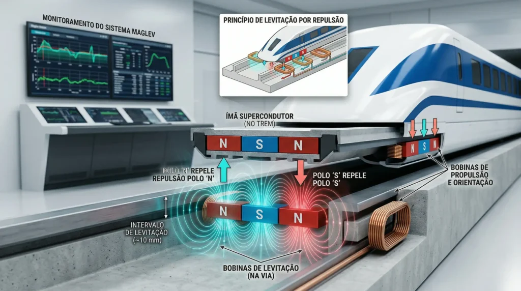 funcionamento do sistema de levitação magnética de um trem Maglev