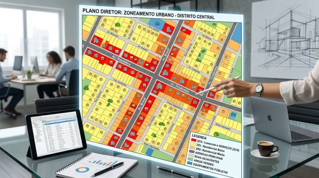 Mapa de zoneamento urbano mostrando comércios alocados em avenidas principais e residências em ruas adjacentes