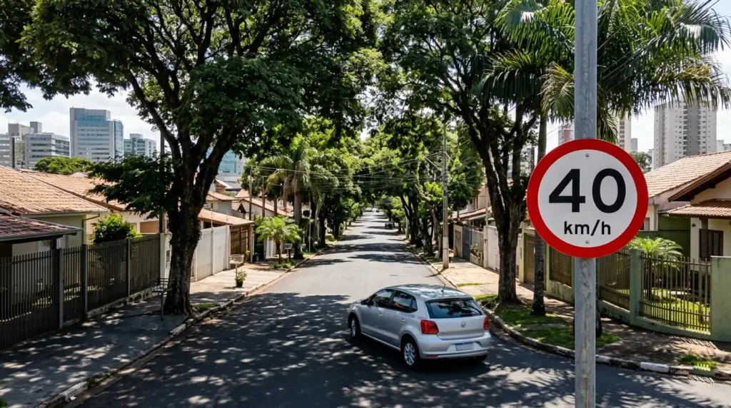 Carro trafegando em uma rua residencial arborizada com placa de limite de velocidade