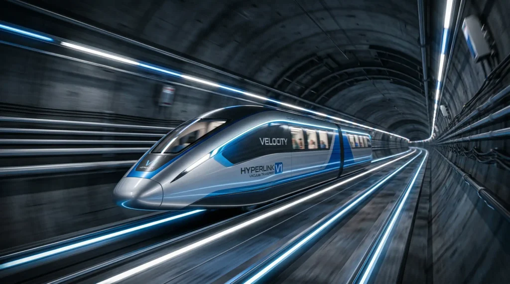 Cápsula de transporte futurista viajando dentro de um tubo selado e despressurizado em alta velocidade