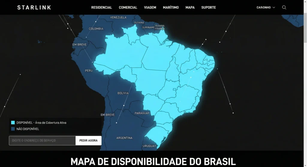 Mapa de cobertura da Starlink indicando disponibilidade de internet via satélite em todo o Brasil