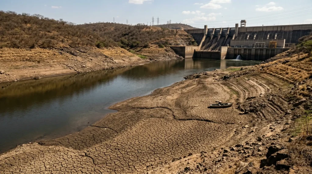 Reservatório de uma usina hidrelétrica brasileira operando com baixo volume de água revelando a terra seca nas margens 