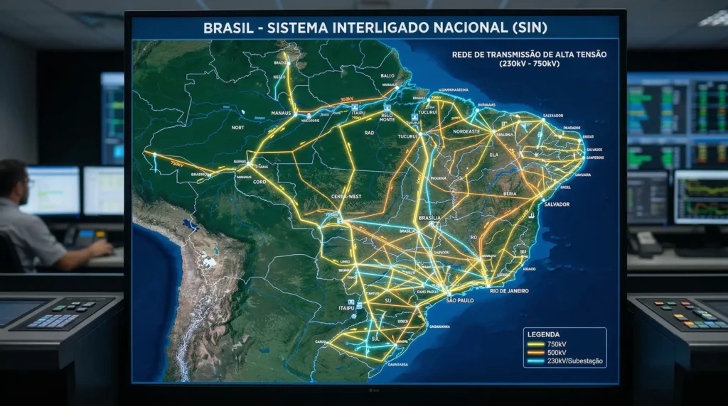 Mapa do Sistema Interligado Nacional mostrando as linhas de transmissão de alta tensão cruzando o Brasil