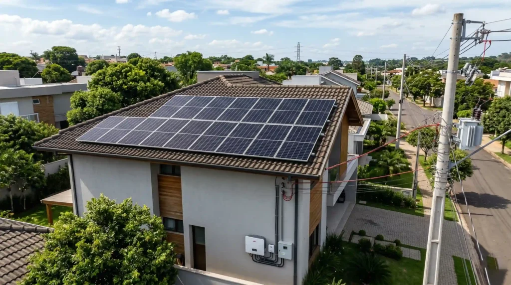 Telhado de uma casa com painéis solares fotovoltaicos conectados à rede elétrica urbana