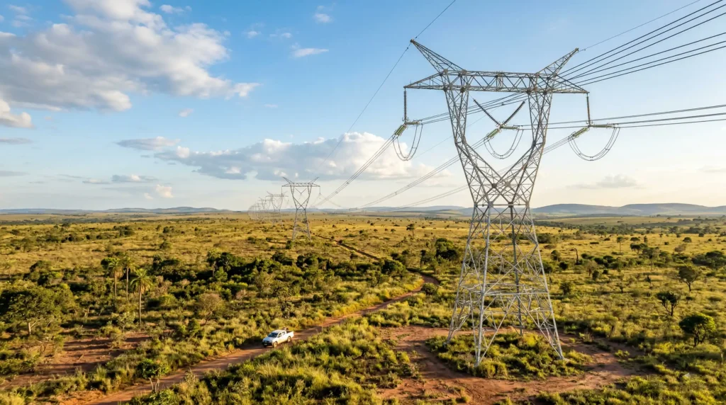 Linhas de transmissão de ultra-alta tensão cruzando uma extensa área de planície no Brasil