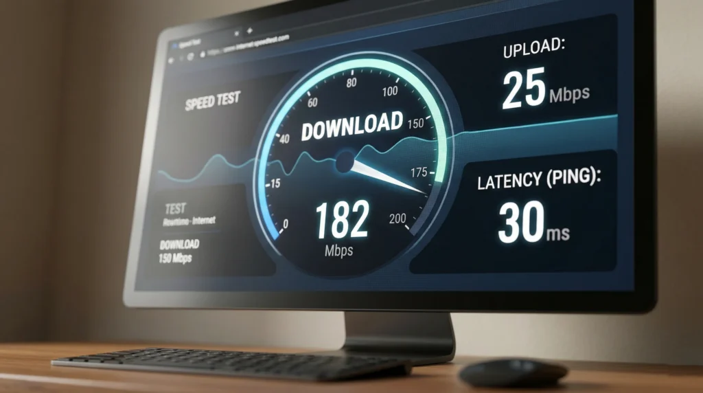 Teste de velocidade (Speedtest) exibindo o desempenho real de uma conexão da Starlink