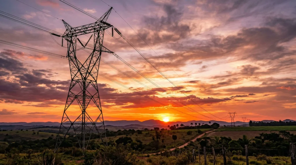 Torre de transmissão de energia elétrica contrapondo-se ao pôr do sol no Brasil