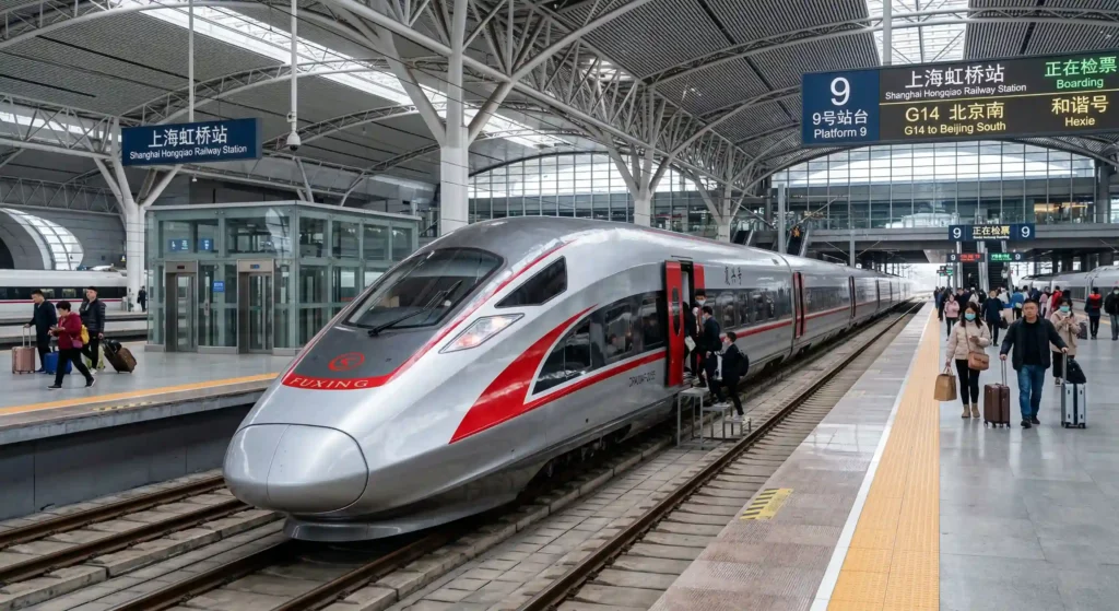 Comboio Fuxing hao de cor prata e vermelha numa estação moderna na China