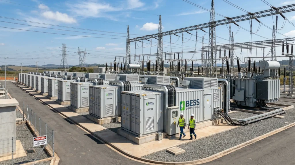 Contêineres modulares de baterias BESS de grande escala integrados a uma subestação da infraestrutura elétrica