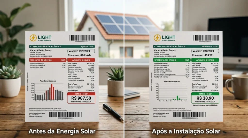 Comparativo de duas faturas de energia, uma com valor alto e outra marcando apenas a taxa mínima após a instalação de energia solar