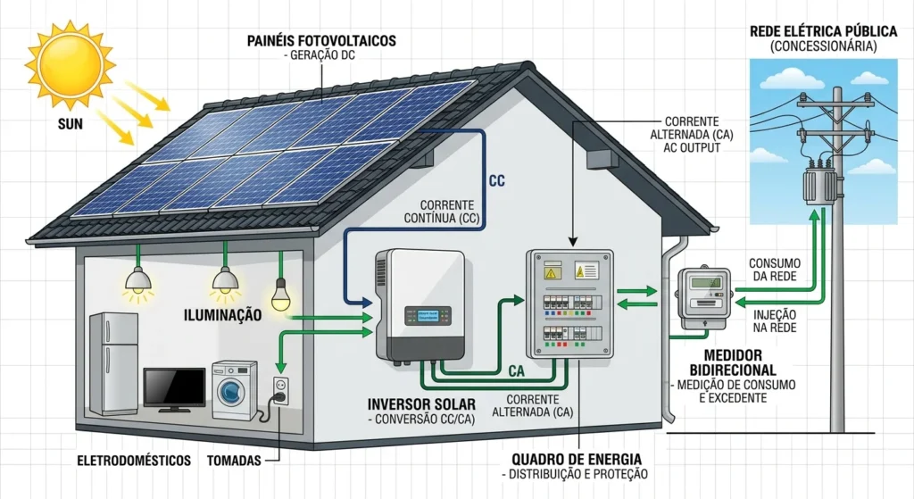 Diagrama técnico mostrando o sol, os painéis fotovoltaicos, o inversor solar e a conexão com o quadro de energia