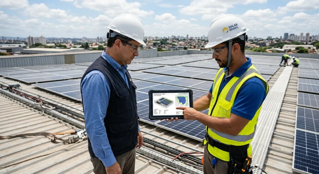 Cliente e engenheiro utilizando capacete analisando um projeto de instalação solar em um tablet
