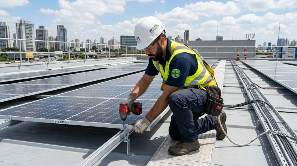Profissional com capacete e EPI realizando a instalação de painéis solares em um telhado comercial