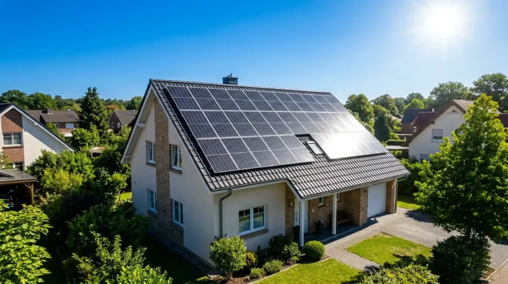 Painéis de energia solar instalados no telhado de uma residência durante um dia de sol forte