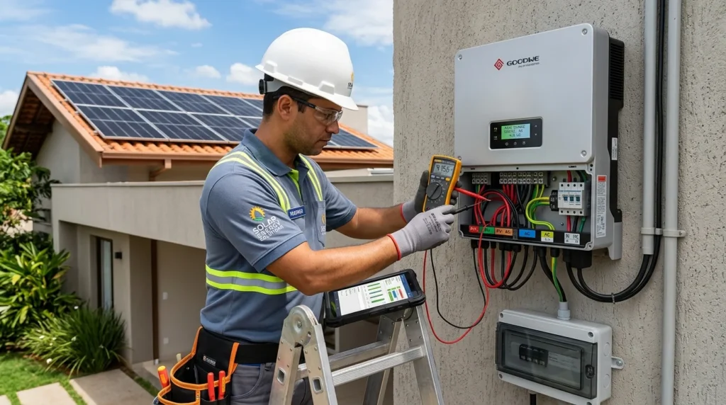 Técnico realizando a manutenção e inspeção de um inversor solar fixado na parede
