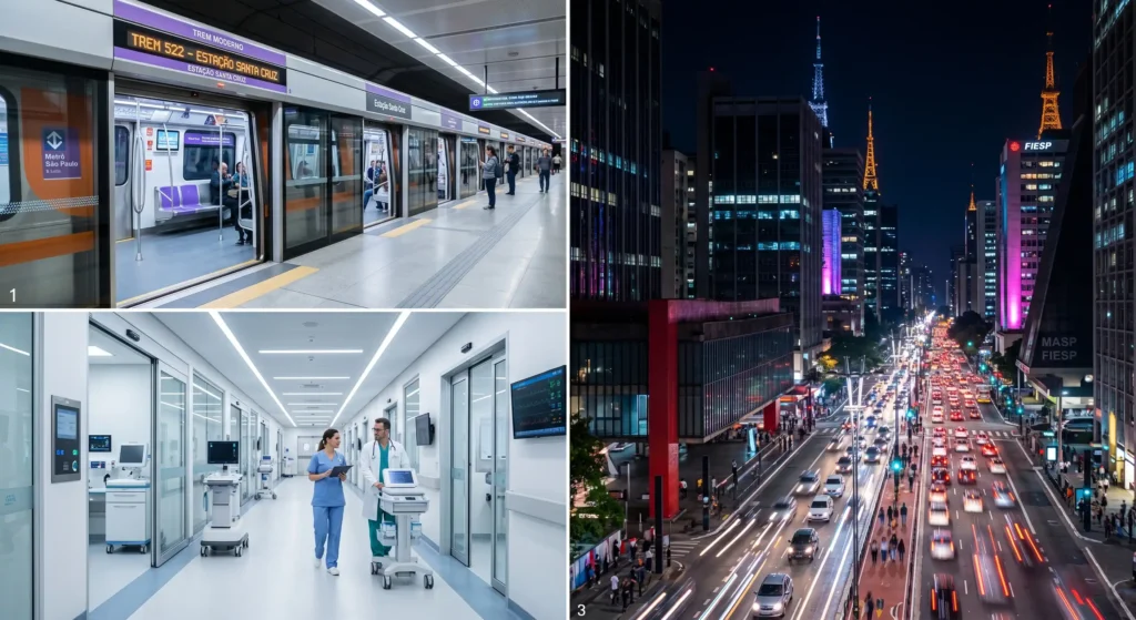 Composição de três fotos mostrando um trem moderno do metrô, o corredor de um hospital de alta tecnologia e uma avenida iluminada por LEDs