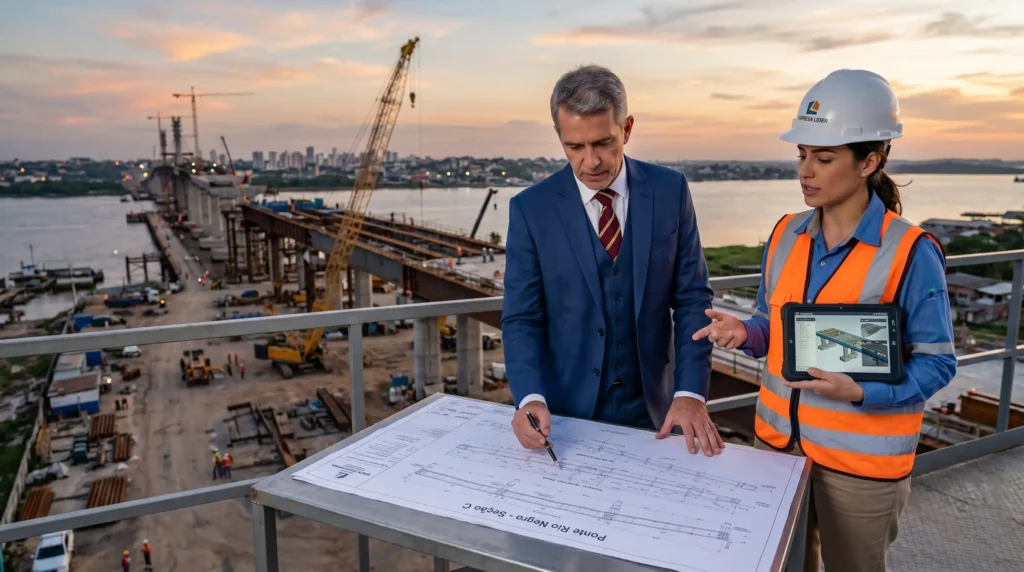 Dois profissionais, um engenheiro e um executivo engravatado, analisando o projeto de uma grande obra de infraestrutura