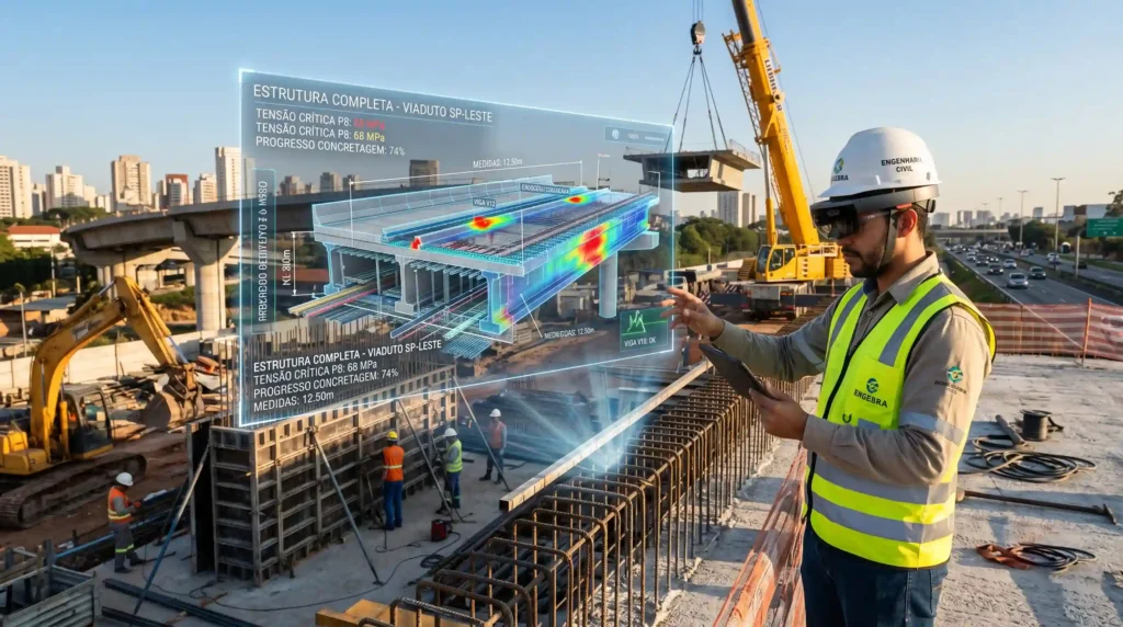 Uma obra moderna mesclando elementos físicos com projeções holográficas ou interfaces digitais, ilustrando a tecnologia na engenharia civil.