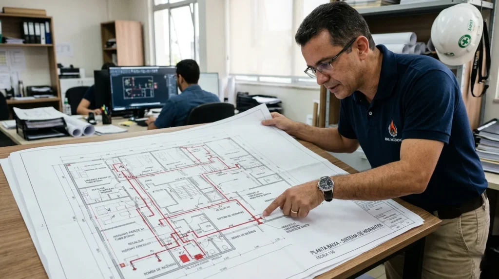 Profissional de engenharia apontando para um detalhe técnico em uma planta baixa de sistema de hidrantes