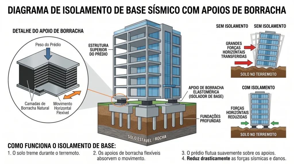 Diagrama explicativo mostrando um prédio com apoios de borracha separando a base da estrutura do solo