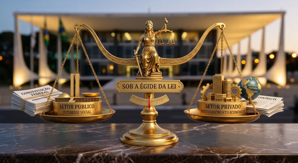 Close em uma balança de ouro representando o equilíbrio entre o setor público e o privado sob a égide da lei