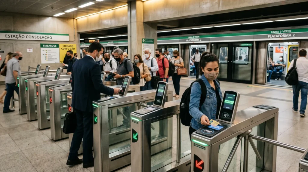 Catracas de uma estação de metrô moderna com passageiros passando