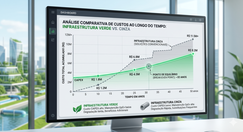 Gráfico comparativo de custos entre infraestrutura verde e cinza ao longo do tempo