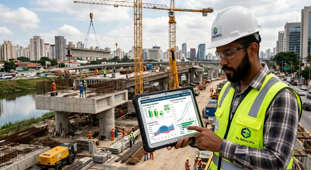 Painel digital (dashboard) em um tablet ou tela de computador mostrando gráficos de economia de materiais, fluxo de caixa e avanço do cronograma da obra.
