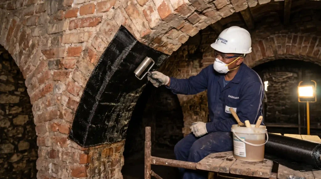 Aplicação de manta de fibra de carbono preta com resina epóxi no intradorso de um arco de tijolos antigo