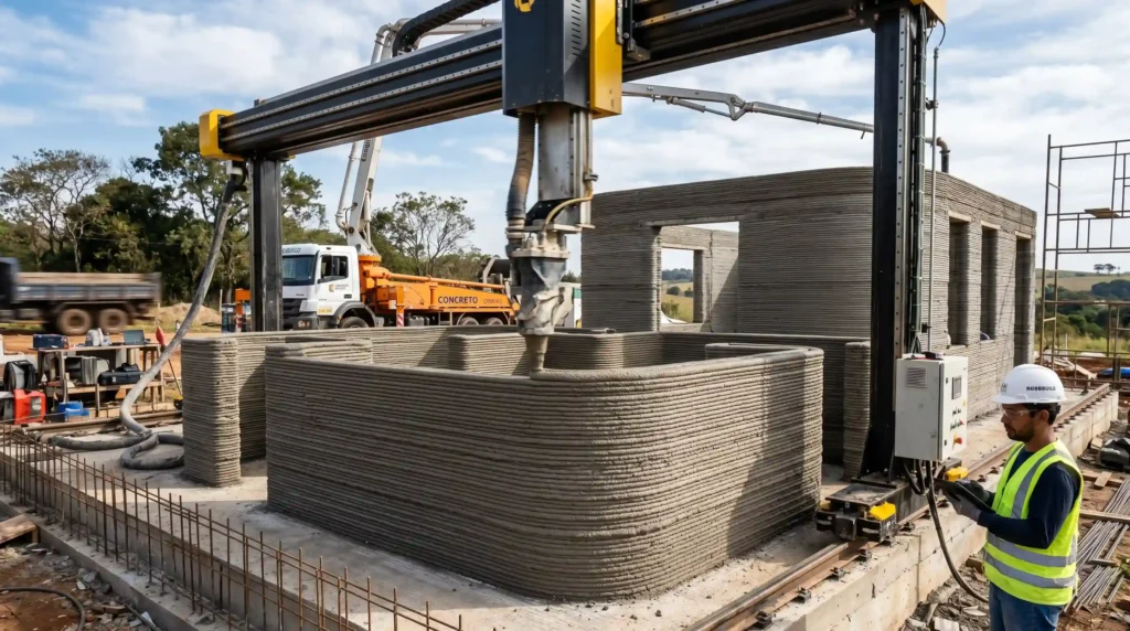 Um braço robótico de impressão 3D extrudando concreto em camadas para formar as paredes de uma casa