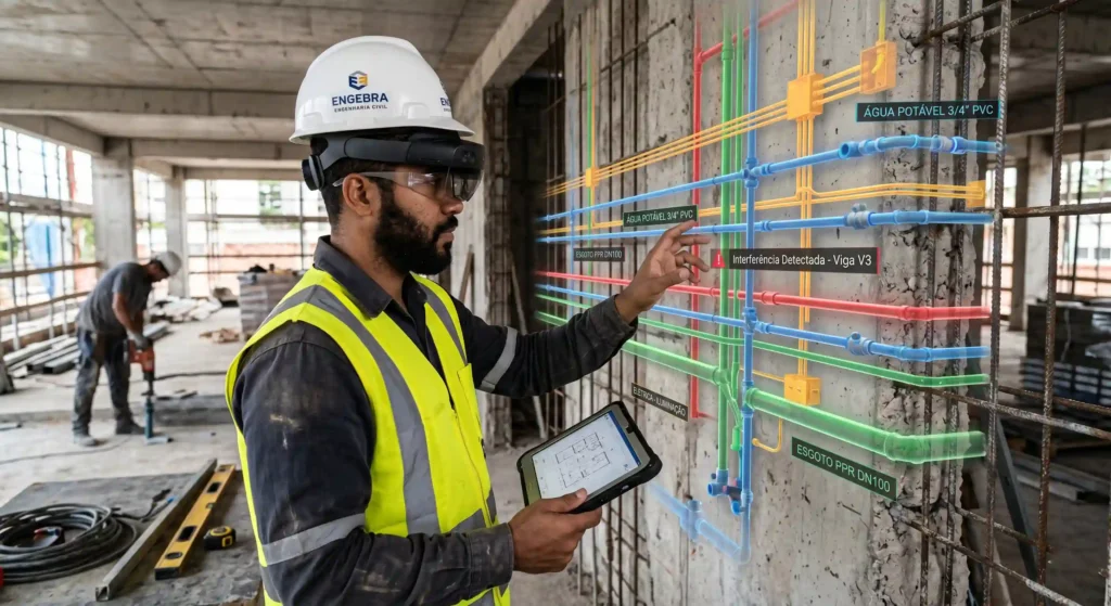 Profissional da construção usando óculos de realidade aumentada visualizando tubulações virtuais sobrepostas a uma parede em construção