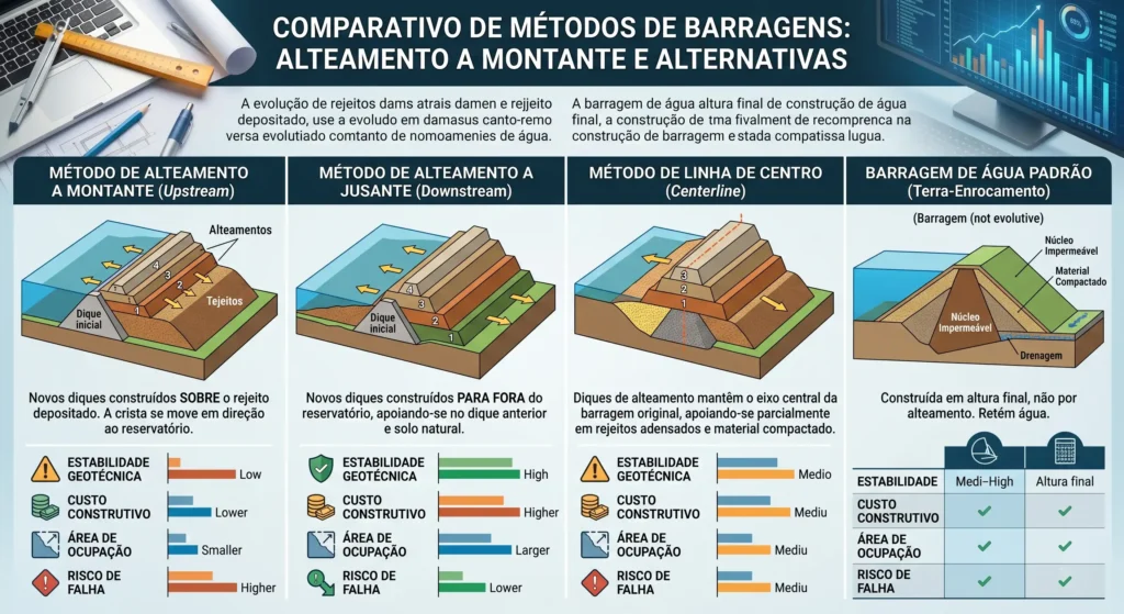 Infográfico comparando o método de alteamento a montante com outros métodos de construção de barragens