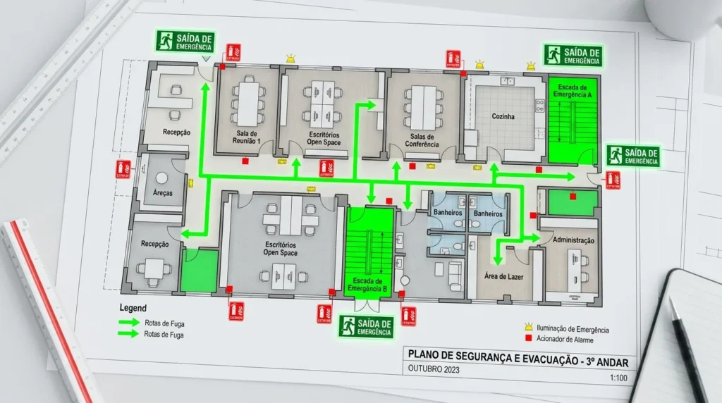 Planta baixa de projeto anti incêndio mostrando rotas de fuga e equipamentos