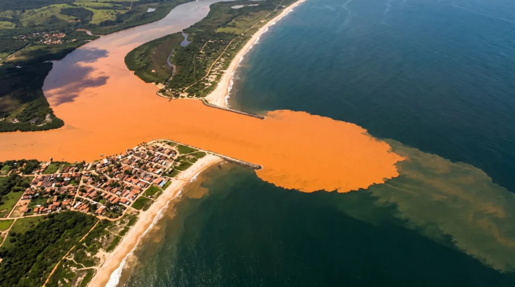 Vista aérea da foz do Rio Doce em Linhares (ES), mostrando a divisão nítida entre a água escura do mar e a pluma alaranjada de lama tóxica