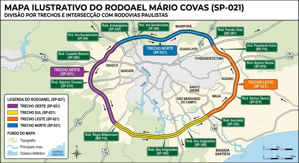 Mapa ilustrativo do Rodoanel Mário Covas divido em quatro cores, detalhando o traçado dos trechos Oeste, Sul, Leste e Norte e a intersecção com rodovias paulistas.