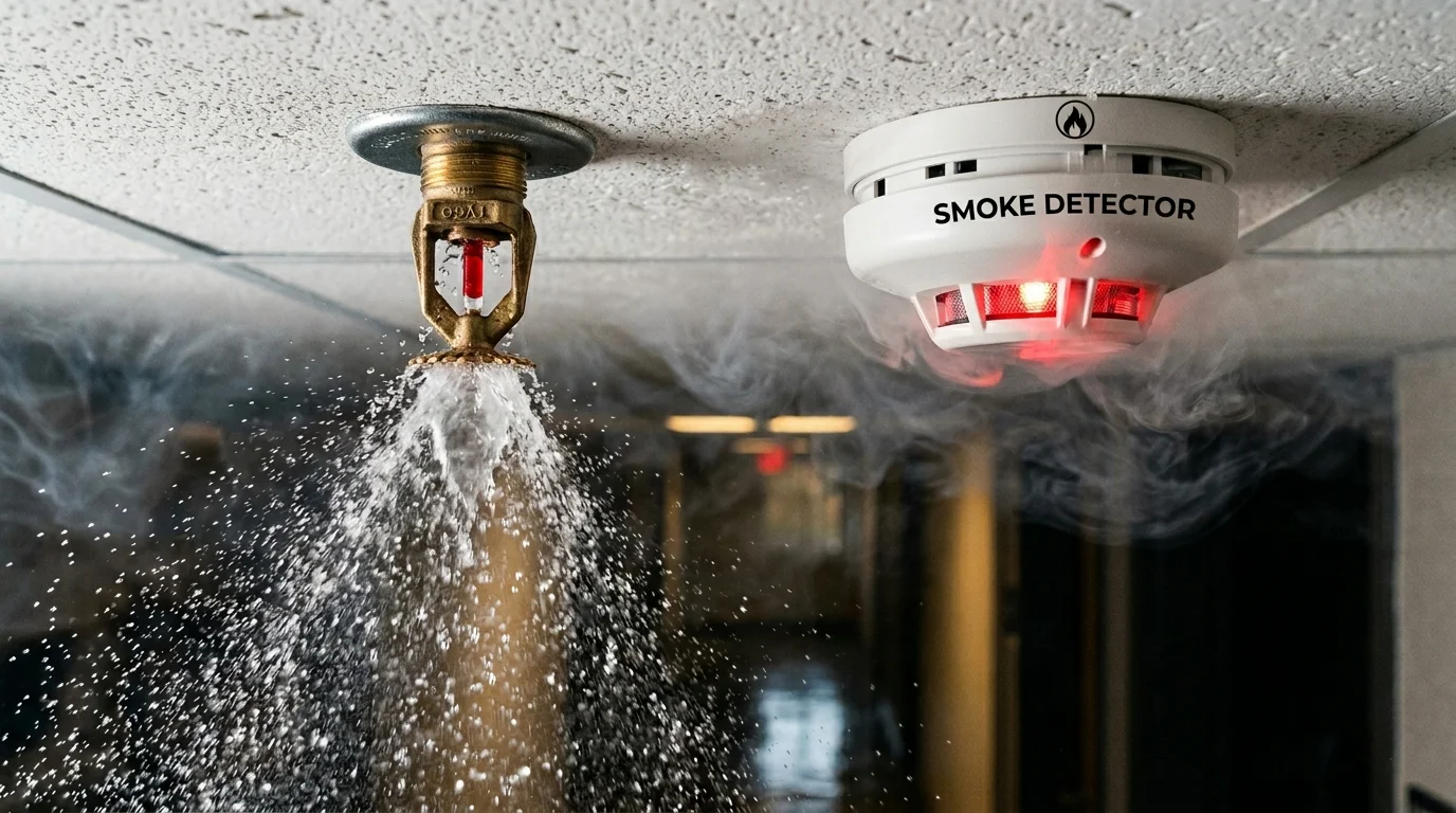 Detalhe de um bico de sprinkler no teto em funcionamento, em conjunto com um detector ótico de fumaça