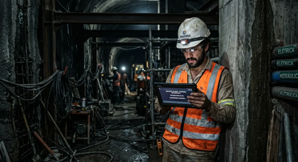 Engenheiro tentando utilizar um tablet em um subsolo de obra com pouca iluminação, simbolizando o desafio da conectividade e infraestrutura