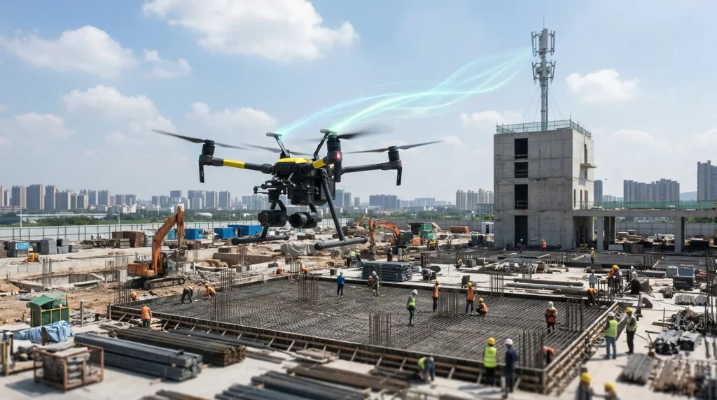 Drone industrial sobrevoando um grande canteiro de obras transmitindo dados via 5G