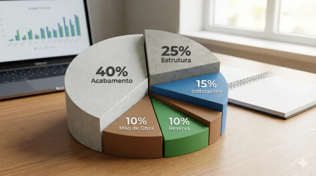 Gráfico porcentagem custos etapas obra material acabamento estrutura