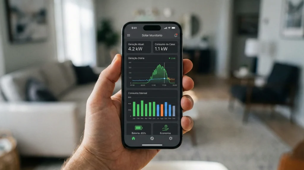 Aplicativo de automação residencial mostrando produção de energia solar e consumo em tempo real no smartphone.
