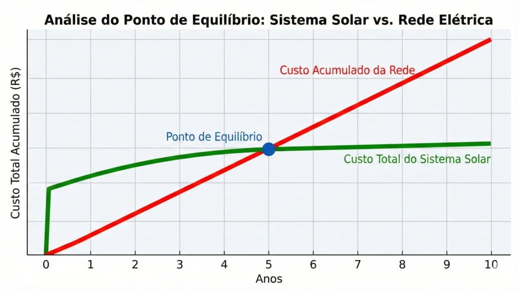 Gráfico demonstrativo do tempo de retorno (payback) do investimento em energia solar fotovoltaica comparado ao custo da concessionária.