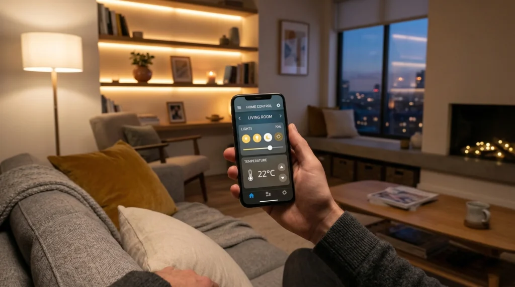 Automação residencial controlada por smartphone em sala moderna