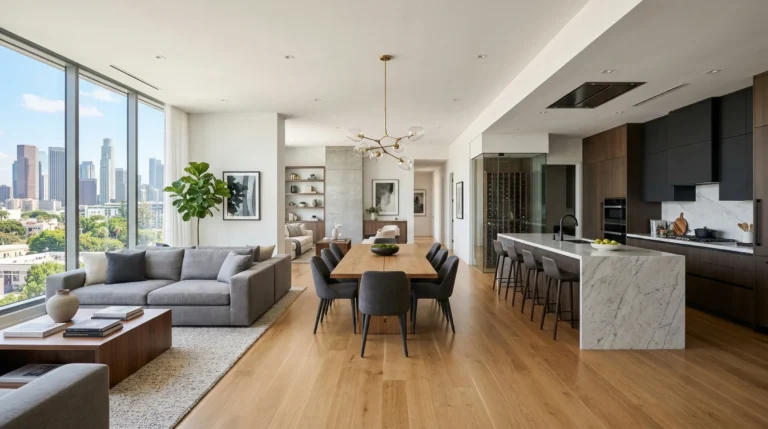 Fotografia de interior de apartamento moderno com planta livre integrada, mostrando sala, cozinha e jantar sem paredes estruturais e com farta iluminação natural.