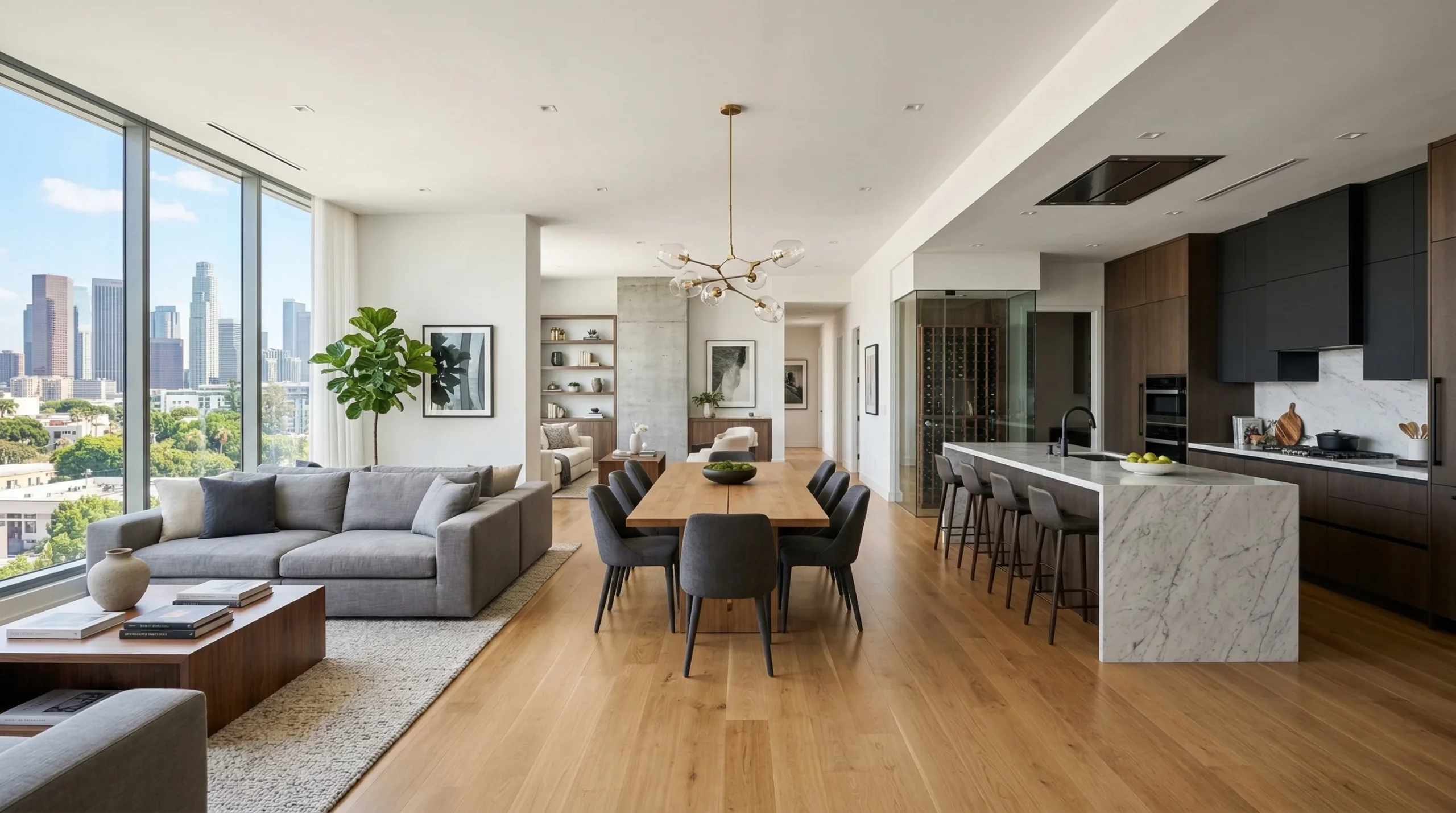 Fotografia de interior de apartamento moderno com planta livre integrada, mostrando sala, cozinha e jantar sem paredes estruturais e com farta iluminação natural.