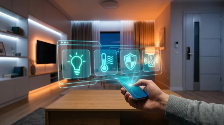 Interface holográfica 3D flutuando sobre smartphone para controle de automação residencial em sala moderna.