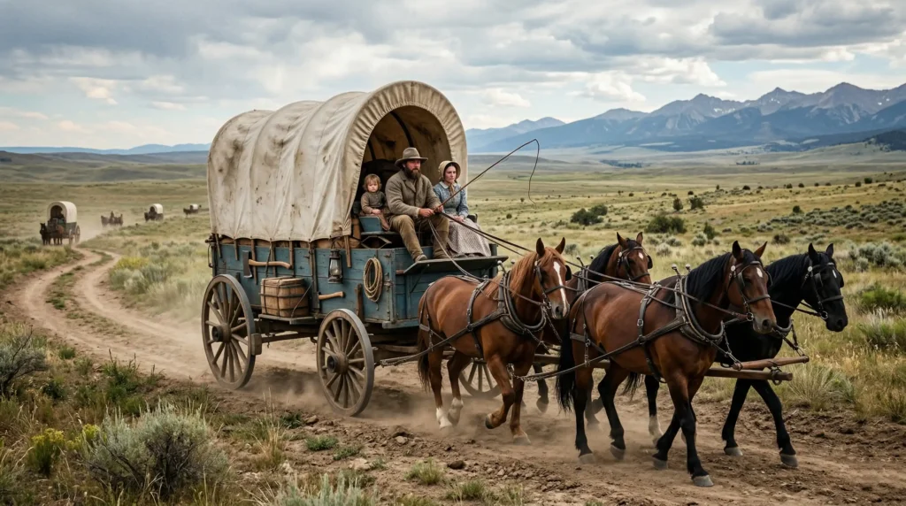 Carroça Conestoga puxada por cavalos, veículo histórico que ajudou a padronizar a direção no lado direito da via nos Estados Unidos