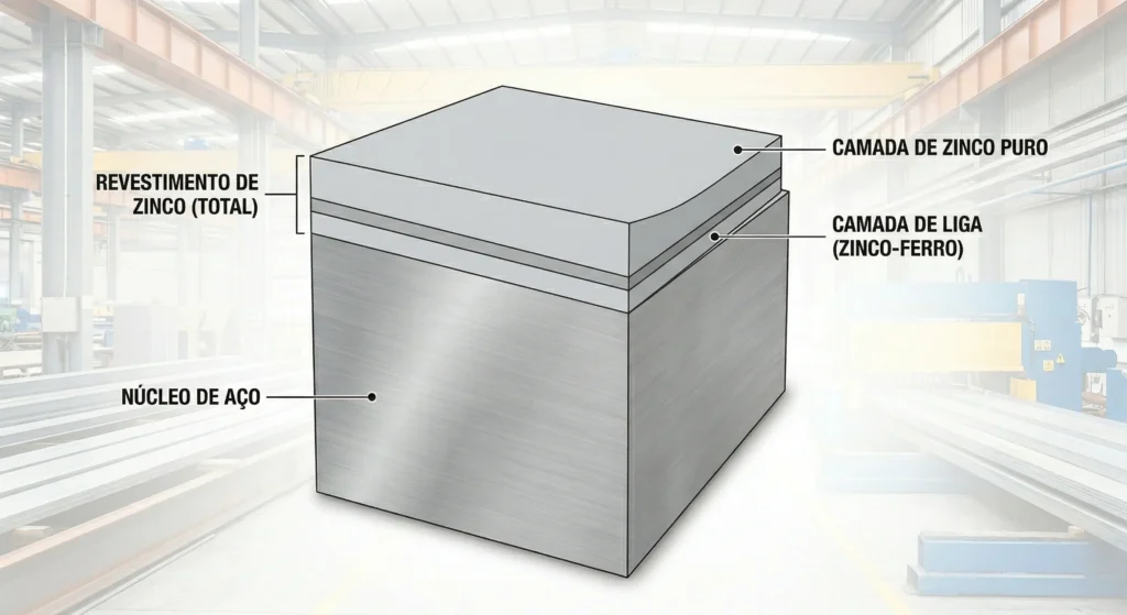 Diagrama das camadas da galvanização com zinco sobre base de aço.