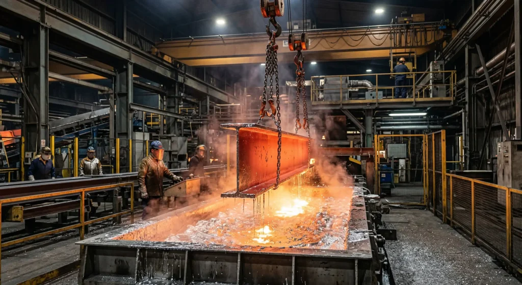 Peça estrutural sendo retirada de banho de galvanização a fogo.